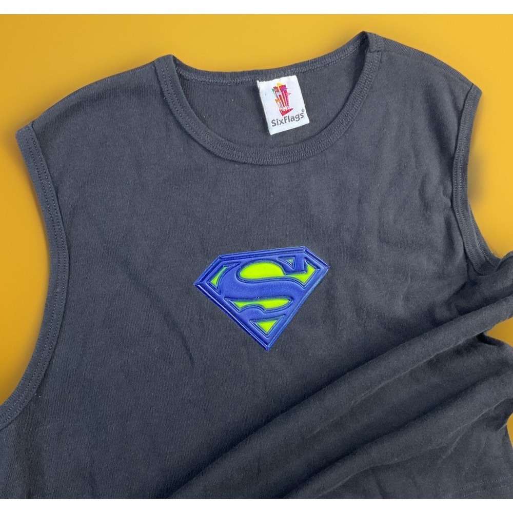 Vintage Six Flags Superman Tank Top Women Sz XL Shirt 90s Y2K Ribbed Emblem Logo